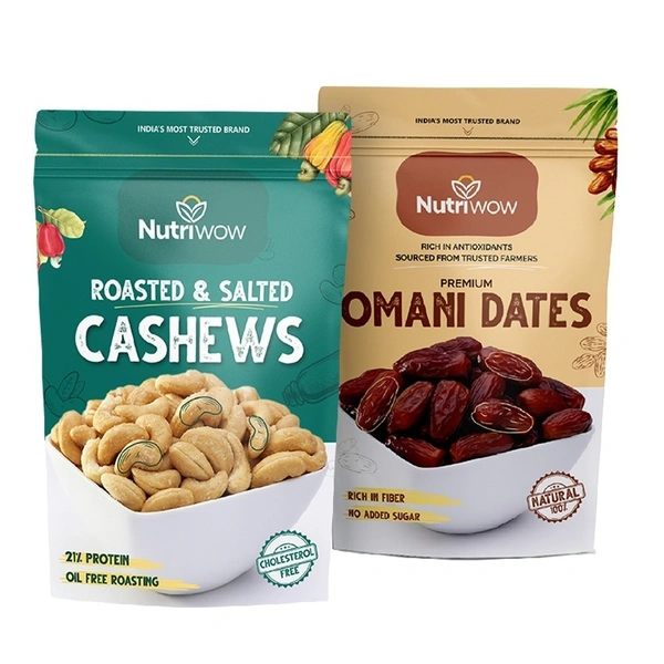 Nutriwow Premium Classic Roasted & Salted Cashew 200g & Omani Dates 400g | Kaju and Khajur | 