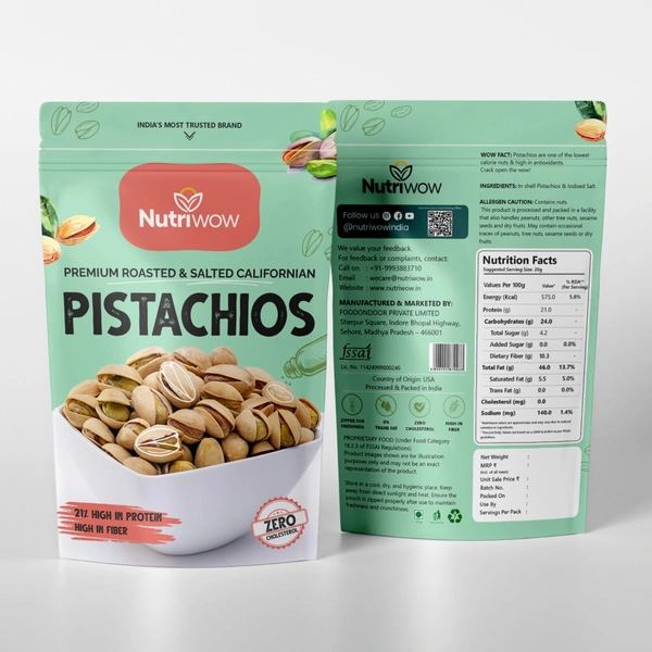 Nutriwow Premium Classic Roasted & Salted Pistachios | Pista | 400g (200g Pack of 2) - 400g, Roasted & Salted