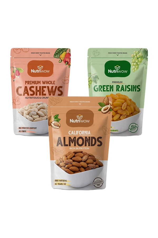 Nutriwow Premium Nuts & Dry Fruits Combo 900g (Almonds 200g, Cashews 200g & Green Raisins 500g) 
