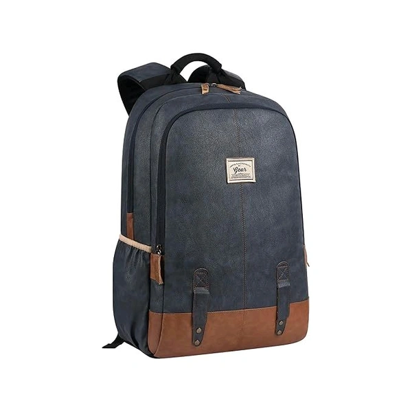 Classical 18" Inches Vegan Leather Laptop Backpack For Men/Women, Navy - Tan