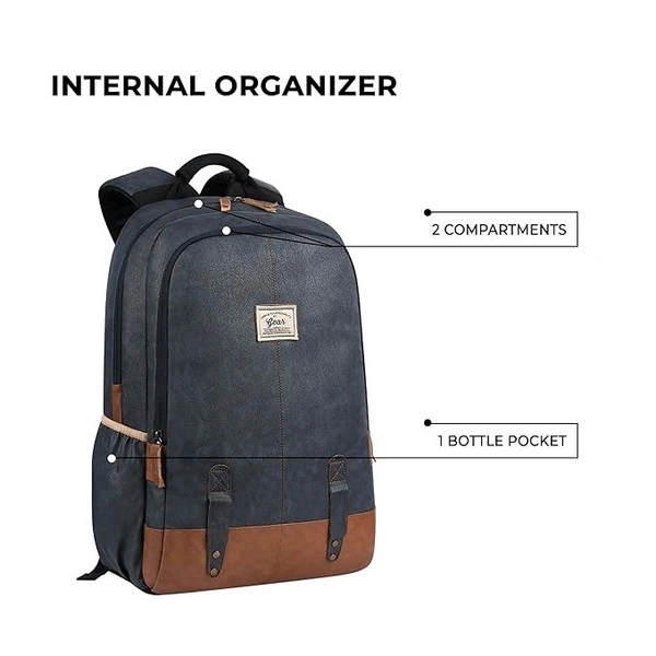 Classical 18" Inches Vegan Leather Laptop Backpack For Men/Women, Navy - Tan