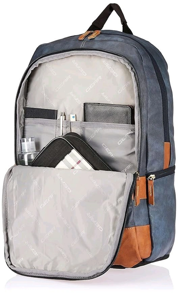 Classical 18" Inches Vegan Leather Laptop Backpack For Men/Women, Navy - Tan