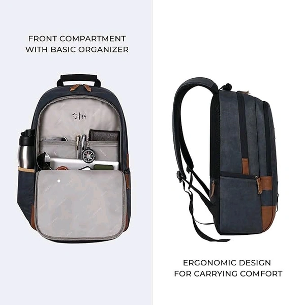 Classical 18" Inches Vegan Leather Laptop Backpack For Men/Women, Navy - Tan