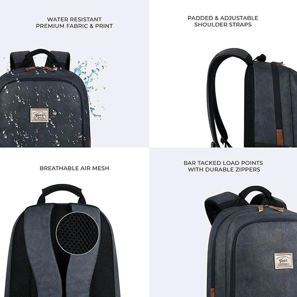 Classical 18" Inches Vegan Leather Laptop Backpack For Men/Women, Navy - Tan