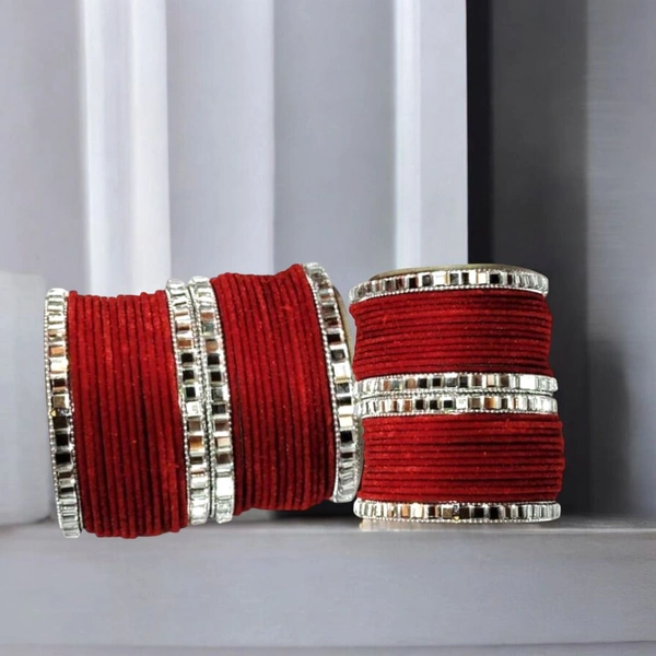 Traditional Red Bridal Bangles with Silver Crystal Border