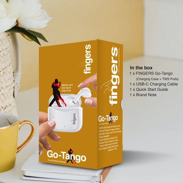 FINGERS Go-Tango True Wireless Earbuds [18 Hours Playback | Built-in Mic with SNC™ (Surround Noise Cancellation) - White