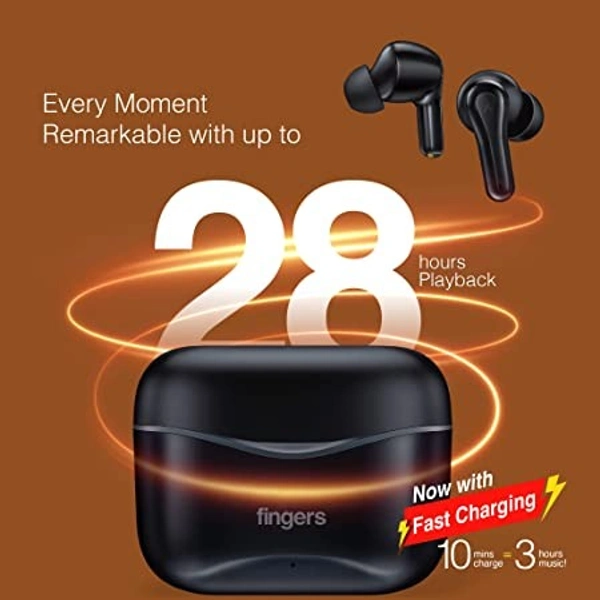 FINGERS Go-Hi Pods2 True Wireless Earbuds [28-Hour Playback, 10 mins Fast Charge for 3-Hour Music, Built-in Mic with Surround Noise Cancellation  - Black