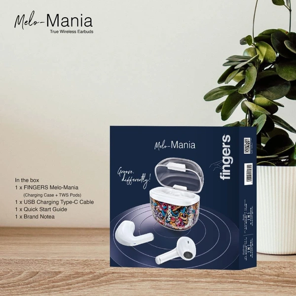FINGERS Melo-Mania in-Ear True Wireless Earbuds [25 Hours Playback | Built-in Mic with SNC™ (Surround Noise Cancellation) | IPX4 Sweat Proof | Type-C Fast Charging] - White