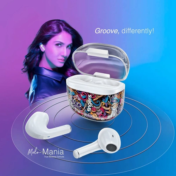 FINGERS Melo-Mania in-Ear True Wireless Earbuds [25 Hours Playback | Built-in Mic with SNC™ (Surround Noise Cancellation) | IPX4 Sweat Proof | Type-C Fast Charging] - White