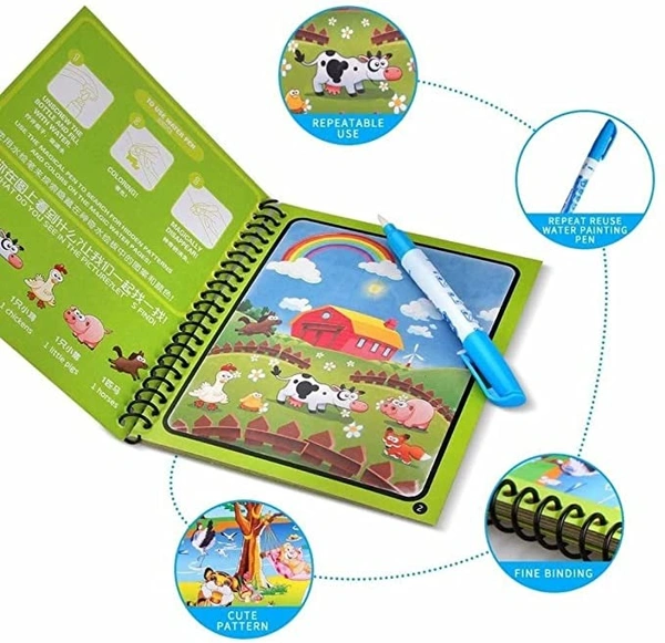Reusable Magic Water Quick Dry Book Water Coloring Book Doodle with Magic Pen for Painting Children's Cartoon Images (Pack of 1, Random Designs) - NO Colors Required