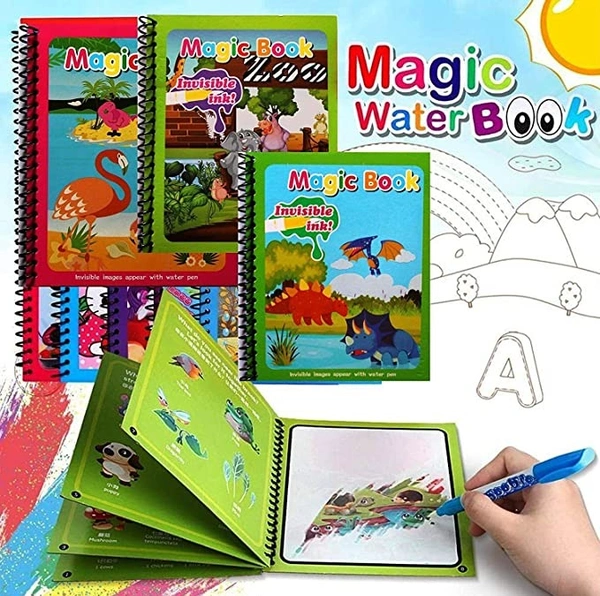 Reusable Magic Water Quick Dry Book Water Coloring Book Doodle with Magic Pen for Painting Children's Cartoon Images (Pack of 1, Random Designs) - NO Colors Required