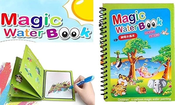 Reusable Magic Water Quick Dry Book Water Coloring Book Doodle with Magic Pen for Painting Children's Cartoon Images (Pack of 1, Random Designs) - NO Colors Required