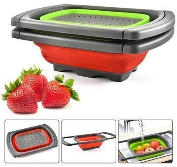Multi-Functional Silicone Vegetables & Fruits Wash Tray Strainer Fordable Food Washing Strainer Basket | Dish Tub with Retractable Handle for Home & Kitchen Accessories