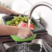 Multi-Functional Silicone Vegetables & Fruits Wash Tray Strainer Fordable Food Washing Strainer Basket | Dish Tub with Retractable Handle for Home & Kitchen Accessories