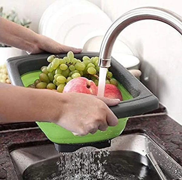 Multi-Functional Silicone Vegetables & Fruits Wash Tray Strainer Fordable Food Washing Strainer Basket | Dish Tub with Retractable Handle for Home & Kitchen Accessories