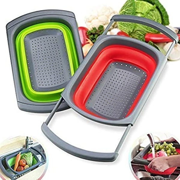 Multi-Functional Silicone Vegetables & Fruits Wash Tray Strainer Fordable Food Washing Strainer Basket | Dish Tub with Retractable Handle for Home & Kitchen Accessories