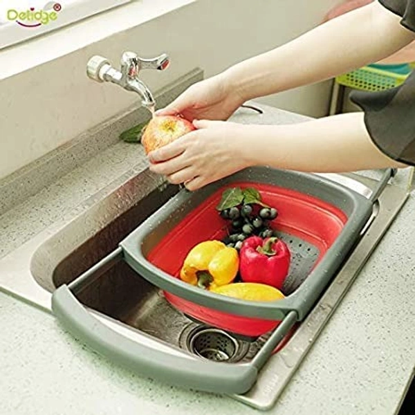 Multi-Functional Silicone Vegetables & Fruits Wash Tray Strainer Fordable Food Washing Strainer Basket | Dish Tub with Retractable Handle for Home & Kitchen Accessories
