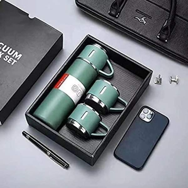 Latest Steel Vacuum Flask Set with 3 Steel Cups Combo - 500ml - Hermrfic - Odorless - Keeps HOT/Cold | Ideal Gift for Winter