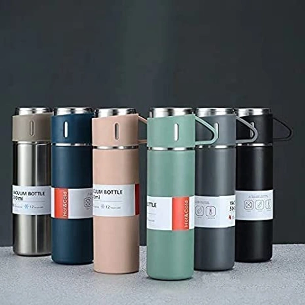 Latest Steel Vacuum Flask Set with 3 Steel Cups Combo - 500ml - Hermrfic - Odorless - Keeps HOT/Cold | Ideal Gift for Winter