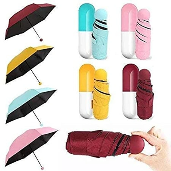 Capsule Shape Umbrella Plain Design with Capsule Cover Fold Umbrella for Kids, Women, Boys, Men & Girls for UV, Sun & Rain
