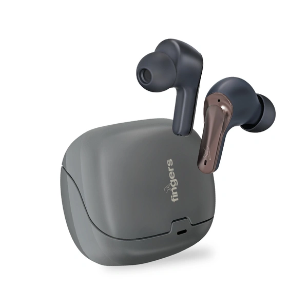 FINGERS ANC-Paradise TWS Earbuds with Crystal Clear Audio, 32-hour playtime, Dual Built-in Mic with ANC &amp; SNC™ Technology, Intelligent Voice Assistant, 3 Sound Effects - Dark Silver + Gun Metal - Black