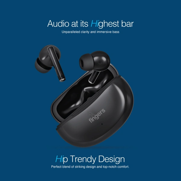 FINGERS Go-Hi-3 True Wireless Earbuds (17.5 hours Playtime | In-built Mic with Surround Noise Cancellation (SNC) Technology| Immersive Bass | IPX4 Sweat Resistant | Type-C Fast Charging | Voice Assistant) - Black