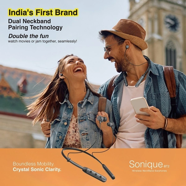 FINGERS Sonique-BT2 Wireless Neckband Earphones (44 hours Playtime, Dual Neckband Pairing Technology, Built-in Mic with SNC (Surround Noise Cancellation) Technology, IPX4, Magnetic Earbuds), Rich Grey