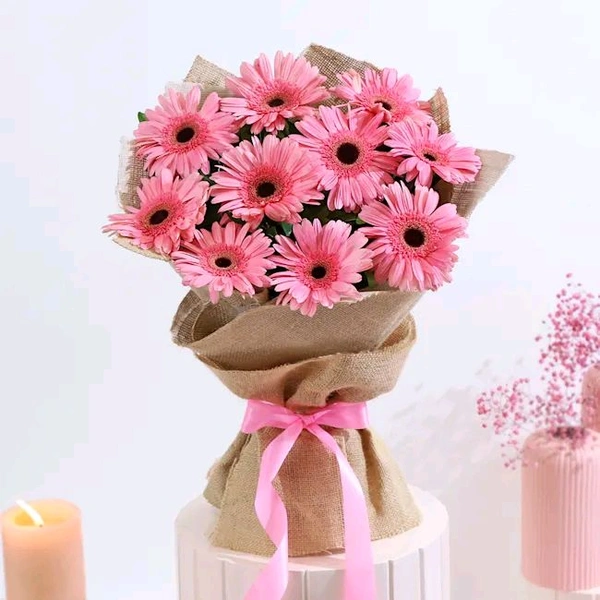 Pink Gerbera Bouquet And Chocolate Cake