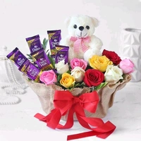 Chocolate, Teddy And Roses Basket 