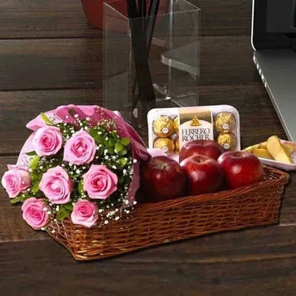 pink rose bunch with fruits and chocolate