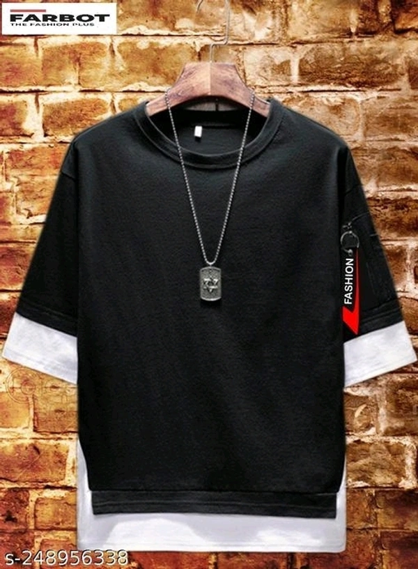 Farbot Men Fashion Round Solid Black T-shirt  - Black, XS