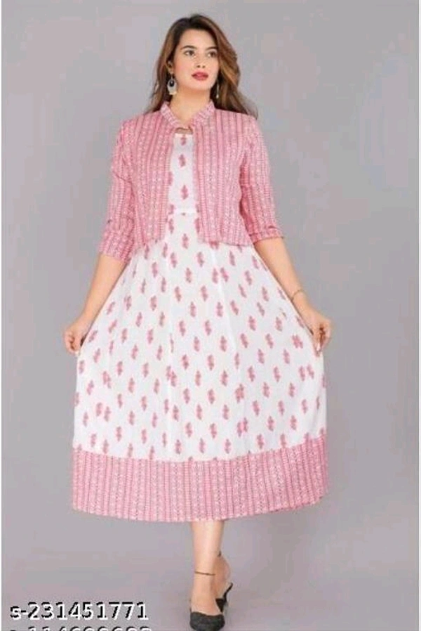 Women Floral Print Rayon Pink Anarkali Kurti With Jacket - M L XL XXL