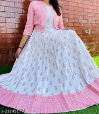 Women Floral Print Rayon Pink Anarkali Kurti With Jacket - M L XL XXL