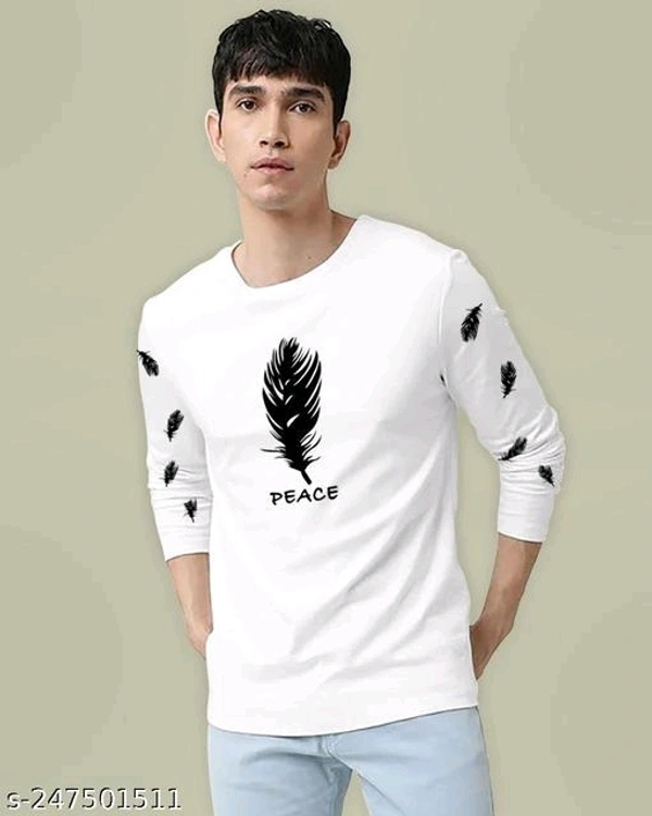 Trendy T-shirt For Men Full Sleeves Fancy Graphics Printed  - White, L