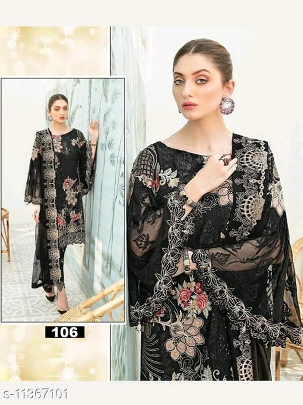 Women's Black Floral Embroidered Georgette Semi Stitched Suits - Black, Semi Stitched