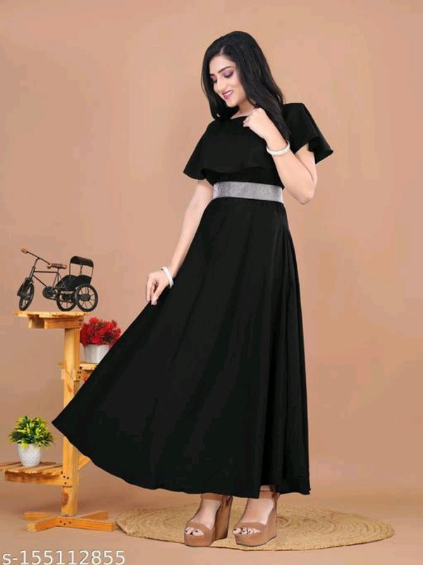 Black Floral Length Flared With Diamond Belt For Women - M L XL XXL