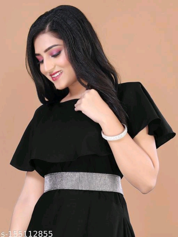 Black Floral Length Flared With Diamond Belt For Women - M L XL XXL