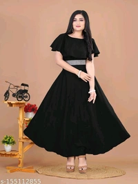 Black Floral Length Flared With Diamond Belt For Women - M L XL XXL