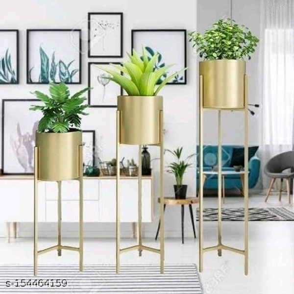 Modern Metal Floor Tall Indoor Plant Stand Flower Stands for Living Room Bedroom Display Plant Stand with Planter Pot (Set of 3 Gold) - Gold, 8*25*8