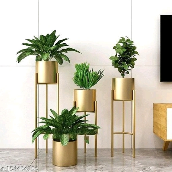 Modern Metal Floor Tall Indoor Plant Stand Flower Stands for Living Room Bedroom Display Plant Stand with Planter Pot (Set of 3 Gold) - Gold, 8*25*8