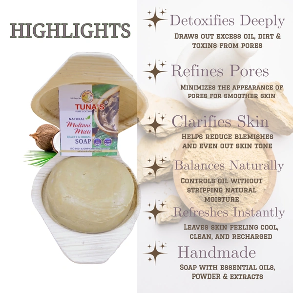 Tuna's® Tunas Multani Mitti Soap | De-Tanning | Tightens Pores | Free From Animal Fats Like Tallow or Lard etc..100gm