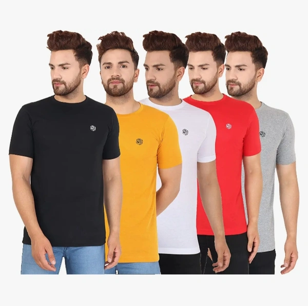 RZERO9 Combo Pack of-5 Men's Cotton Regular Fit Half Sleeve Plain Solid Casual Wear Round Neck Tshirt - Rice Cake, All Size