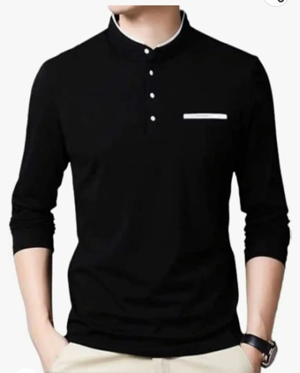 Men's Solid Cotton Full Sleeves Polo Neck Front Button Pack of one T Shirt Dark Black M - Black