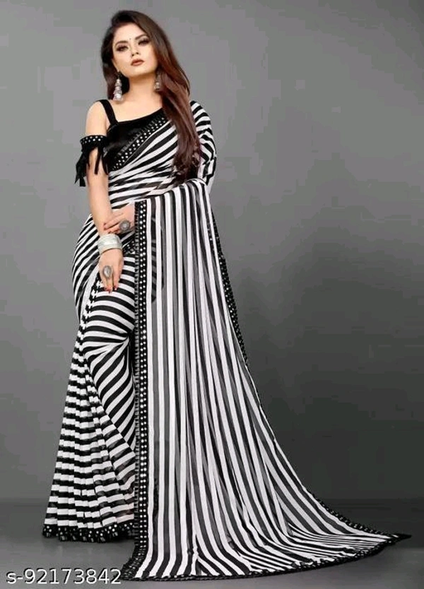 Banita Refined SareesName: Banita Refined SareesSaree Fabric: GeorgetteBlouse: Separate Blouse PieceBlouse Fabric: Dupion SilkPattern: StripedBlouse Pattern: SolidNet Quantity (N): SingleSizes: Free SizeCountry of Origin: India - White
