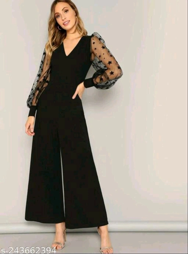 New Modely Contrast Star Mesh Sleeve Wide Leg JumpsuitName: New Modely Contrast Star Mesh Sleeve Wide Leg JumpsuitFabric: LycraSleeve Length: Long SleevesPattern: SolidNet Quantity (N): 1Sizes: XS (Bust Size: 34 in, Length Size: 52 in, Waist Size: 30 in) S (Bust Size: 36 in, Length Size: 52 in, Waist Size: 32 in) M (Bust Size: 38 in, Length Size: 52 in, Waist Size: 34 in) L (Bust S - Black, S L M Xl Xxl Xxxl Xs
