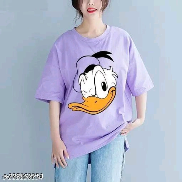 Donald Duck Printed Oversized T-shirtName: Donald Duck Printed Oversized T-shirtFabric: CottonSleeve Length: Short SleevesPattern: PrintedNet Quantity (N): 1Sizes:S, M, L, XLCountry of Origin: India - Purple, S M L XL