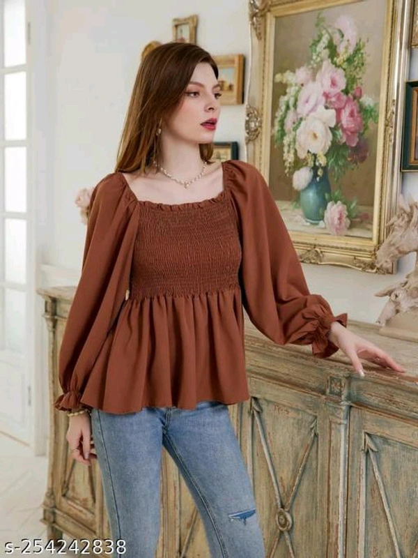 NEW KANSI TOPName: NEW KANSI TOPFabric: CrepeSleeve Length: Long SleevesPattern: Self-DesignNet Quantity (N): 1Sizes:S, M, L, XLCountry of Origin: India - Brown
