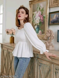 NEW KANSI TOPName: NEW KANSI TOPFabric: CrepeSleeve Length: Long SleevesPattern: Self-DesignNet Quantity (N): 1Sizes:S, M, L, XLCountry of Origin: India - White
