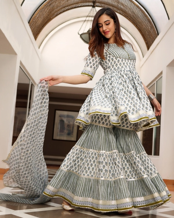 Blue Ciara Handblock Sharara Set - M