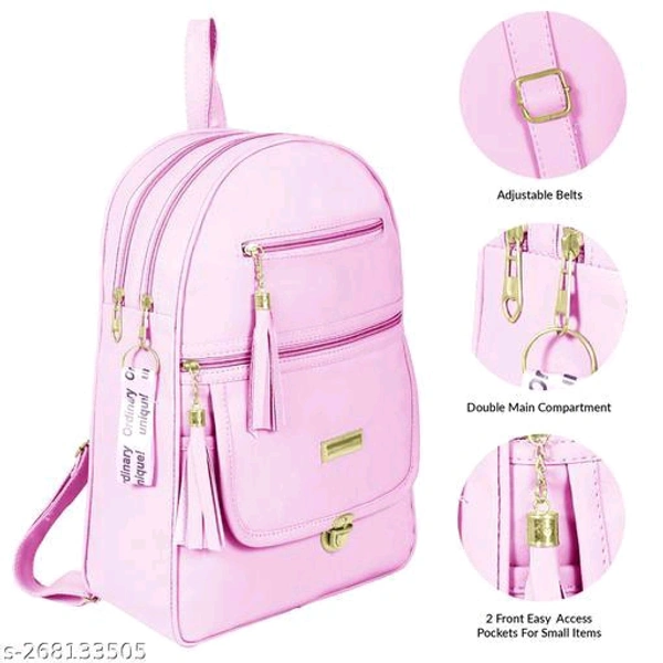 Pink New  Pu Leather Fashionable Stylish woman And  girls Backpack With 2 Main compartment - 85Name: Pink New  Pu Leather Fashionable Stylish woman And  girls Backpack With 2 Main compartment - 85Material: PUNo. of Compartments: 4Pattern: SolidNet Quantity (N): 1Sizes:Free Size (Length Size: 15.5 in, Width Size: 11.5 in) Pink New  Pu Leather Fashionable Stylish woman And  girls Bac
